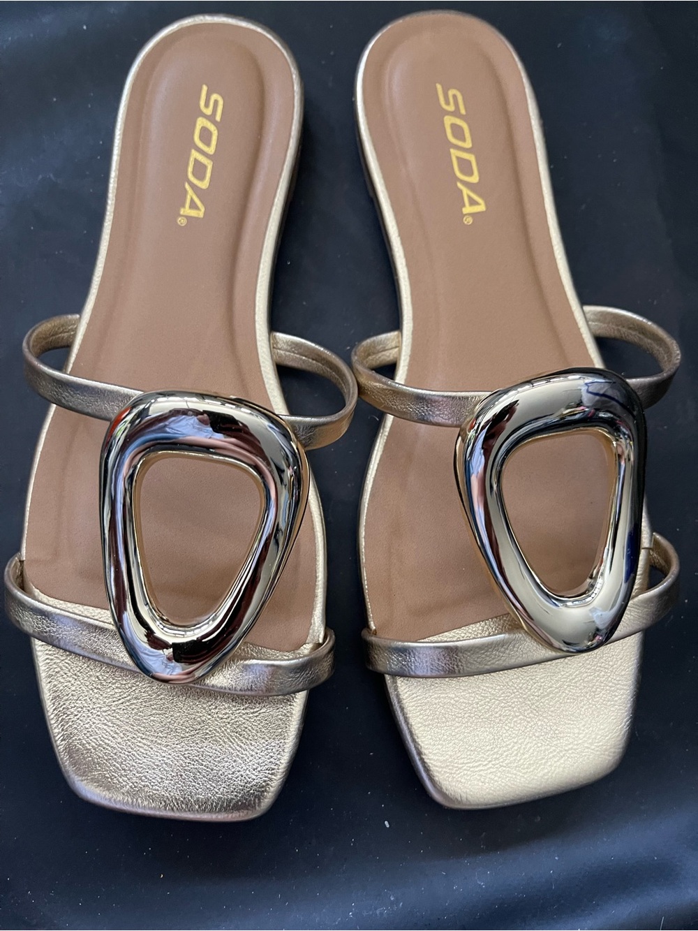 SODA Metallic Gold Open-Toe Slide Mules with Decorative Silver Accent